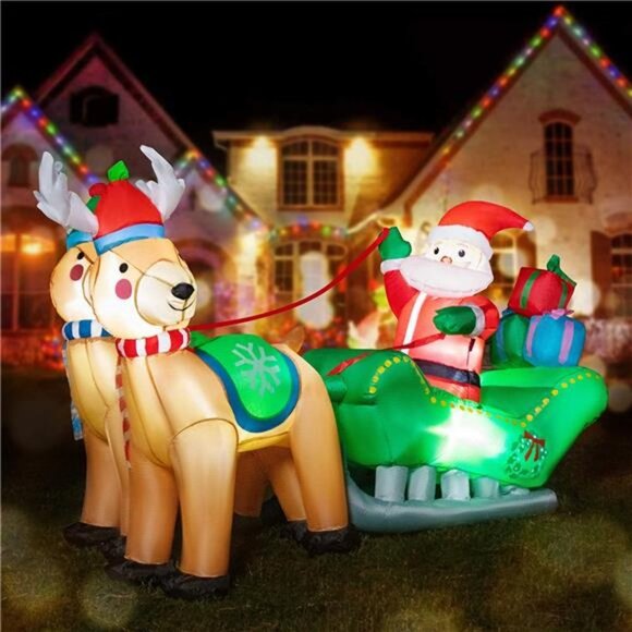 6.9ft Long Christmas LED Lighted Santa on Sleigh with Reindeers and Gift Boxes